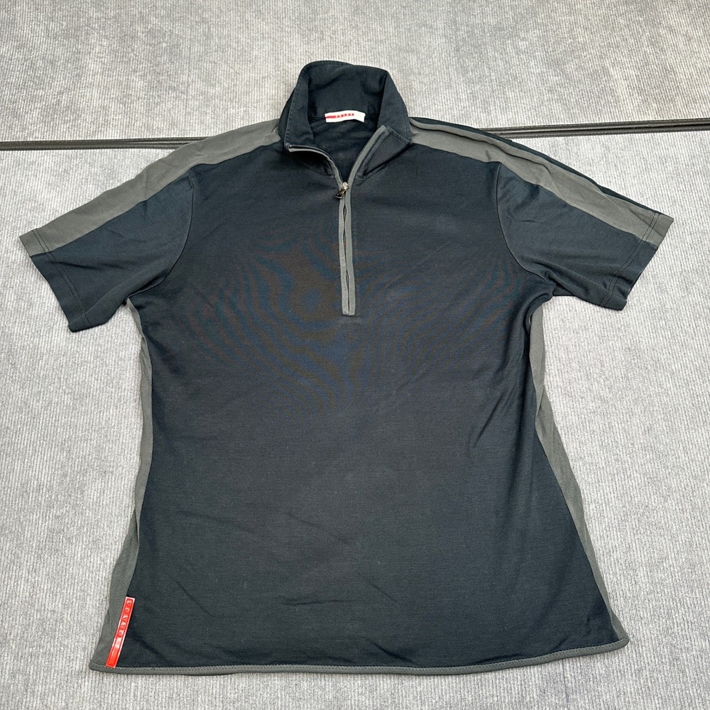 Prada Sport Mens Quarter Zip Short Sleeve Shirt Black Grey Logo